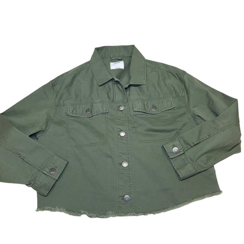 Old Navy Womens Olive Green Cropped Utility Jacket Raw Hem Twill Size L‎